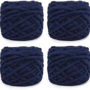Super Bulky Chenille Yarn for Crocheting – 4 Pack, Soft Fuzzy Matte, Perfect for Blankets & Rugs, Navy Blue