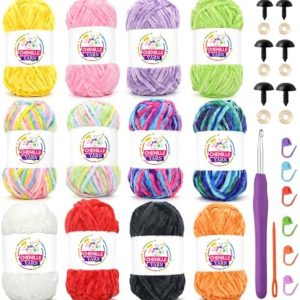Rainbow Velvet Chenille Yarn - 12 Pack Chunky Soft Plush for Beginners | Perfect for Baby Blankets & Crocheting | Multic